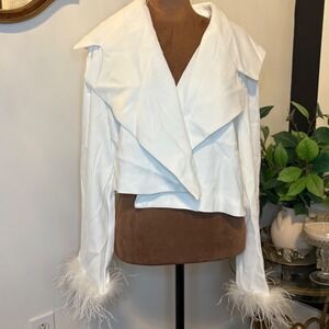 FORE White Feather Trim Open Front Cropped Jacket New with Tags